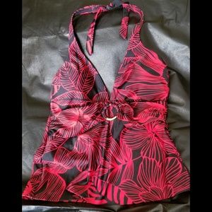 Chaps blk/red tankini halter top gold logo hoop